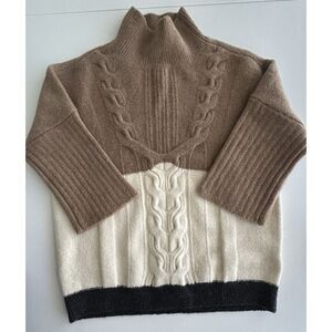 DUFFY Extraﬁne Merino Wool Colorblock Cable Knit Mock Neck Sweater Size S